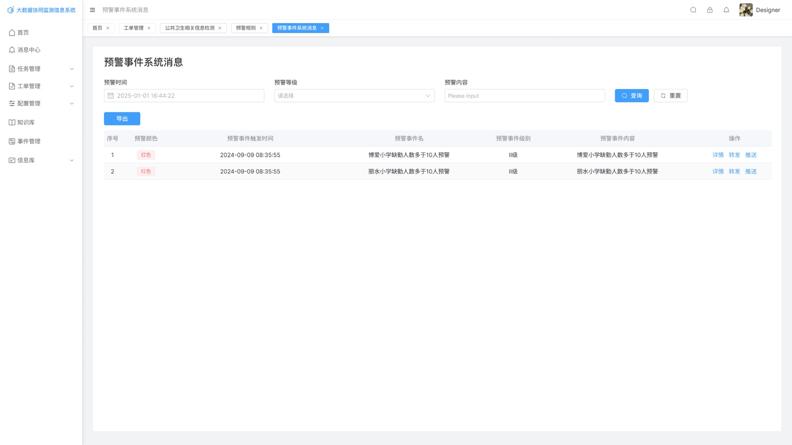 预警事件系统消息:大数据协同监测信息系统 UI 设计稿